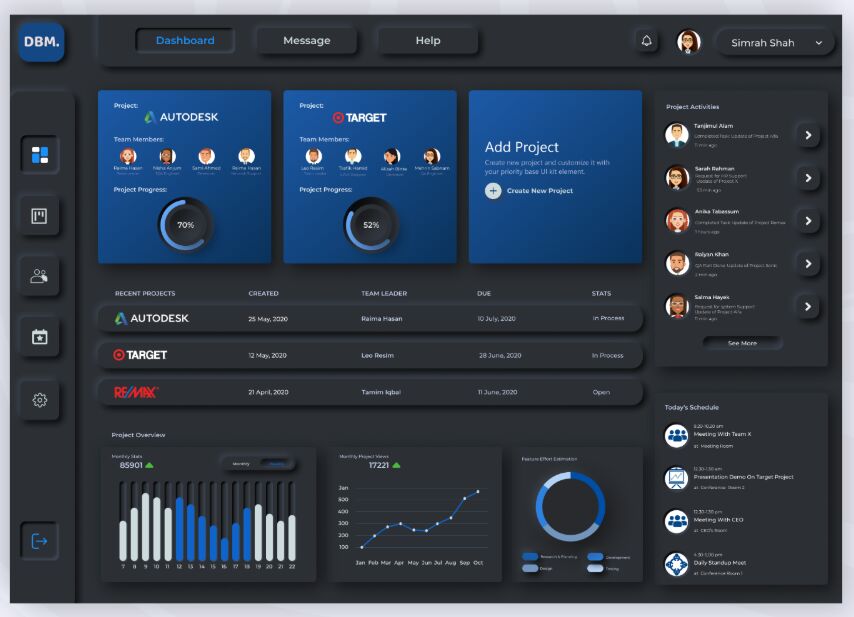 Project manager Dashboard Neumorphism Dark UI